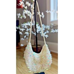 The Sak Shoulder Bag Womens Small White Crochet Sequin Hobo Purse Iridescent